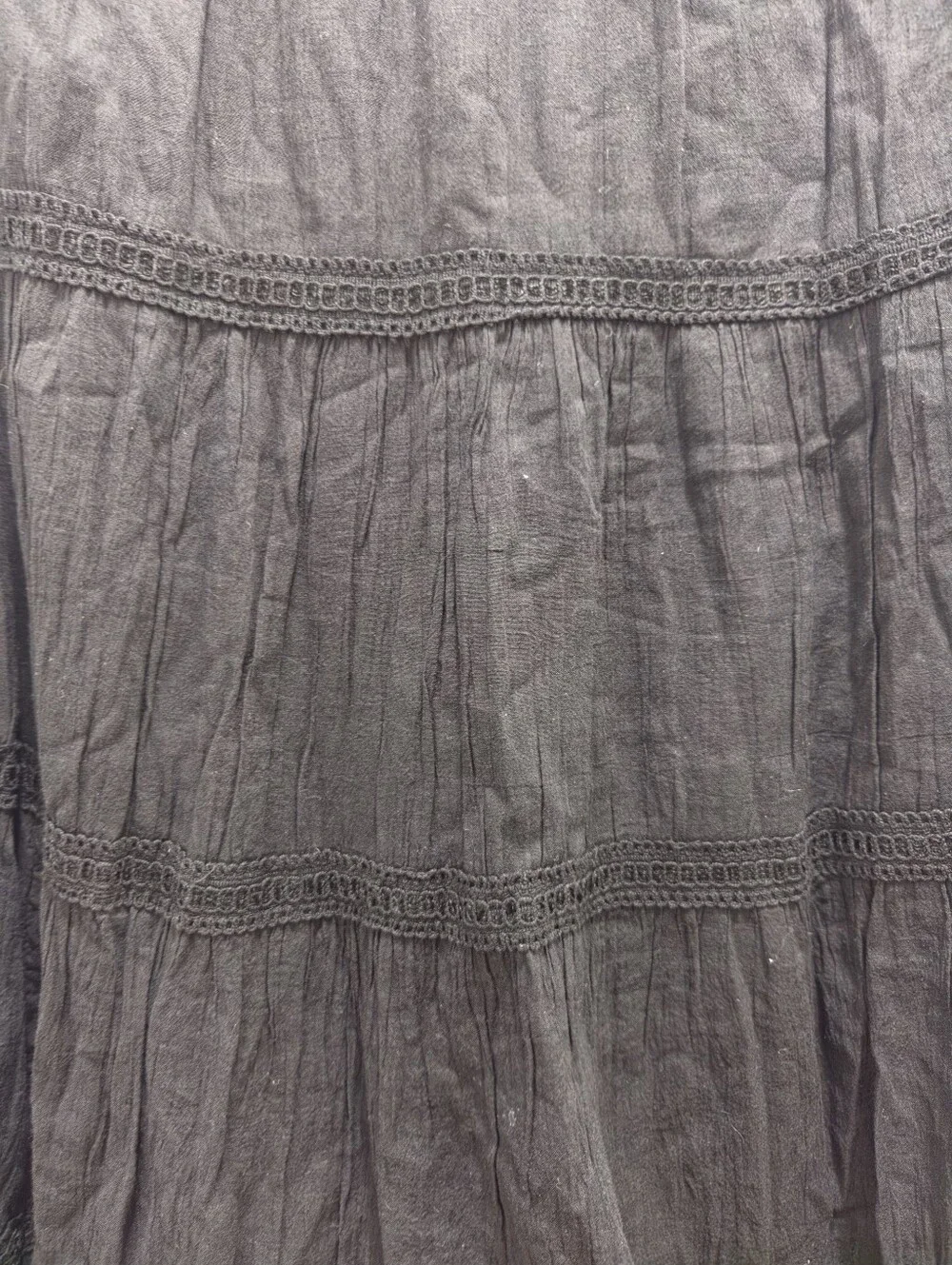 Laddi Black Crinkle Cotton Tiered Midi Skirt Drawstring Waist One Size Boho